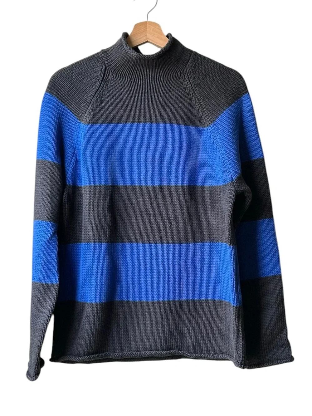J. Crew 1988 Rollneck sweater in cotton hoop stripe Hthr Black Regal Blue Sz M